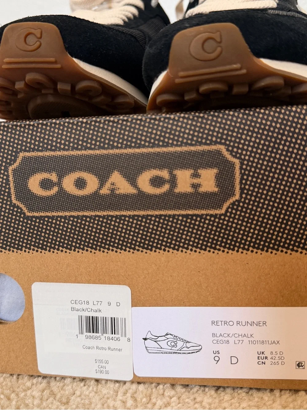 COACH Retro Runner Mens 9 Suede Mesh Lightweight Shoes Black White Logo Sneakers